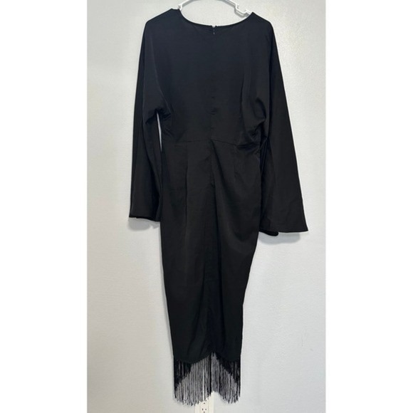Boohoo Black Satin Long Sleeve Fringe Wrap Maxi Dress UK 14 US 10 - Picture 5 of 12